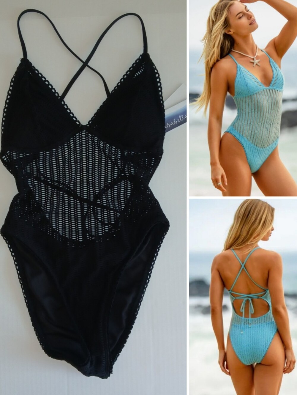 Isabella Rose Catalina Crochet Cutout One Piece Swimsuit, Black 4/6